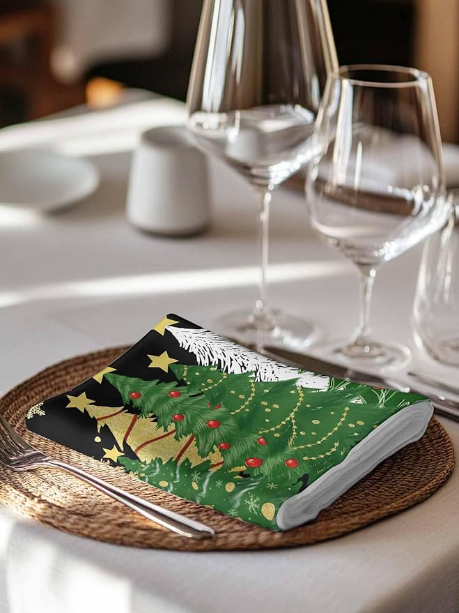 Christmas Tree Black Cloth Napkins Set of 6 - Forest Pine Washable Dinner Napkins Snowflakes Xmas Stars Sparkle Table Reusable Napkin for Home Party Wedding Dining Table Decoration, Oversized 20"x20"