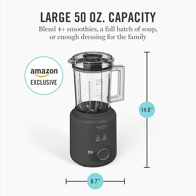 Martha Stewart Countertop Blender, 50oz Jar, 6 Stainless Steel Blades 3 Speeds & 5 Presets, Auto Clean, Smoothies, Crush Ice, Shakes, Chop, Margarita, Measurement Markings, 700W, Caviar Gray