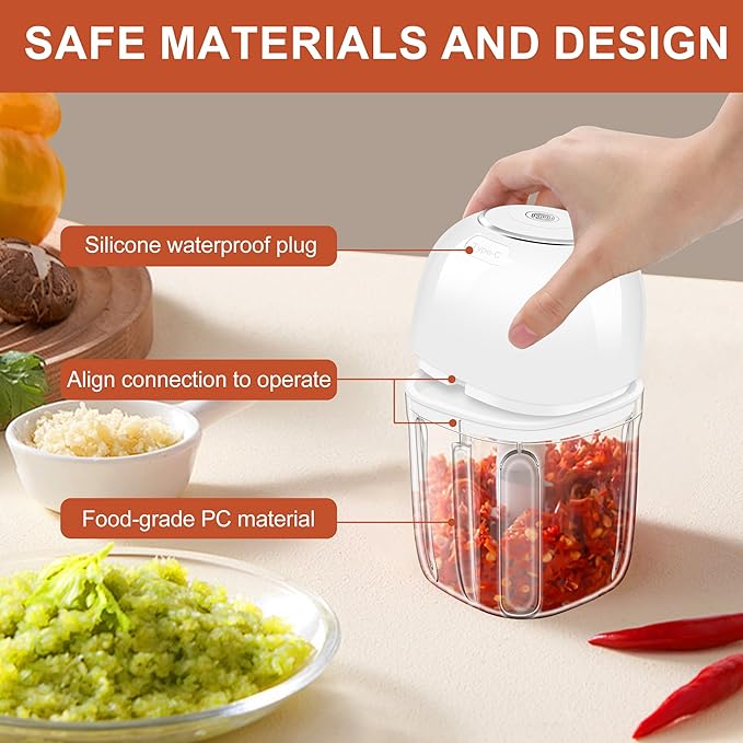 450ML (1.8 Cup) Electric Garlic Chopper, Mini Portable Food Processor, Garlic Grinder Masher for Onion, Ginger, Chili, Fruit, Vegetable, Meat
