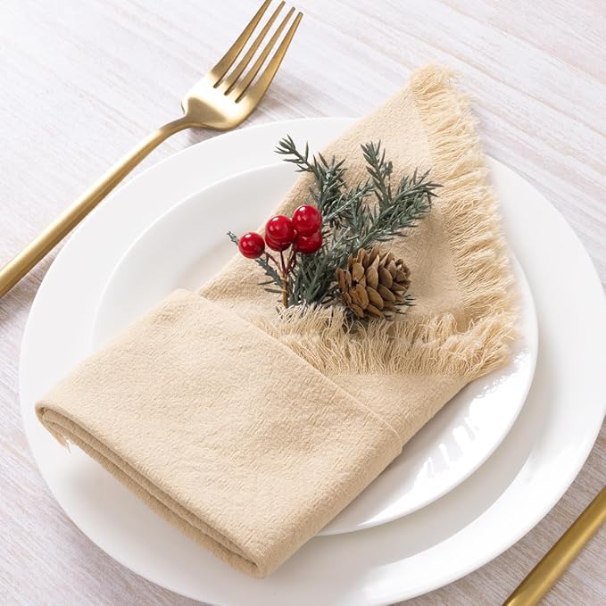 DeZerlor 12 Pack Champagne Cotton Linen Napkins with Fringe Spring Cloth Napkins Set of 12 Boho Handmade Dinner Napkins Bulk for Wedding Bridal Baby Shower Parties, 17 x 17 Inches