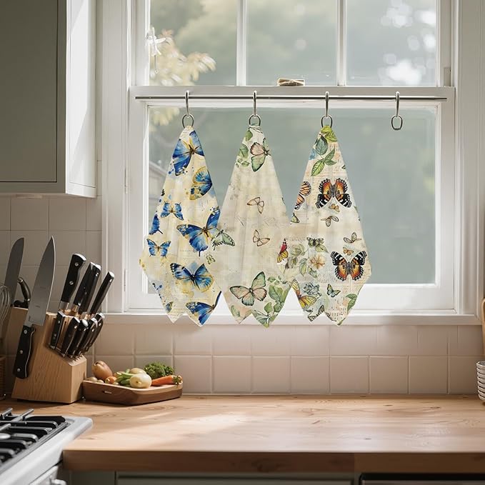 Jztco 3 Pcs Vintage Butterfly Kitchen Towels, Artistic Decorative Absorbent Microfiber Dish Cloth Tea Towel, Botanical Waffle Hand Towels for Farmhouse Home Bathroom, Butterfly Gifts for Women 2