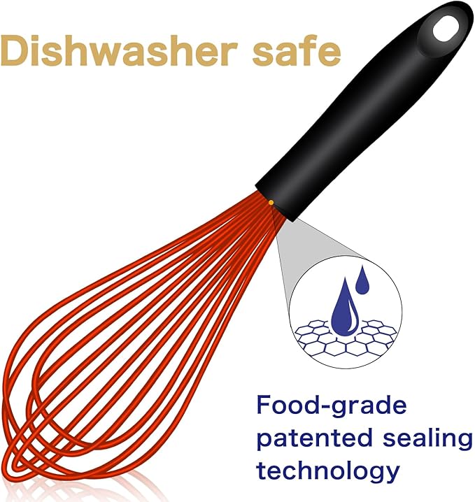 OYV Red Silicone Whisk, Sealed Waterproof Design Set of 3, Professional Kitchen Whisks for Cooking Non-Scratch, Silicone & Stainless Steel Whisk, Heat Resistant 480°F Balloon Egg Beater