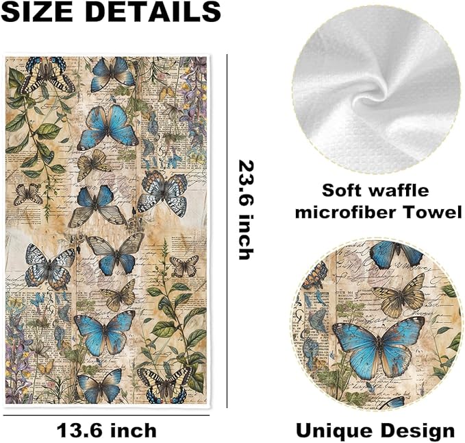 3 Pcs Vintage Butterfly Kitchen Towels, Botanical Decorative Absorbent Microfiber Dish Cloth Tea Towel, Watercolor Waffle Soft Hand Towels for Farmhouse Home Bathroom, Butterfly Gifts