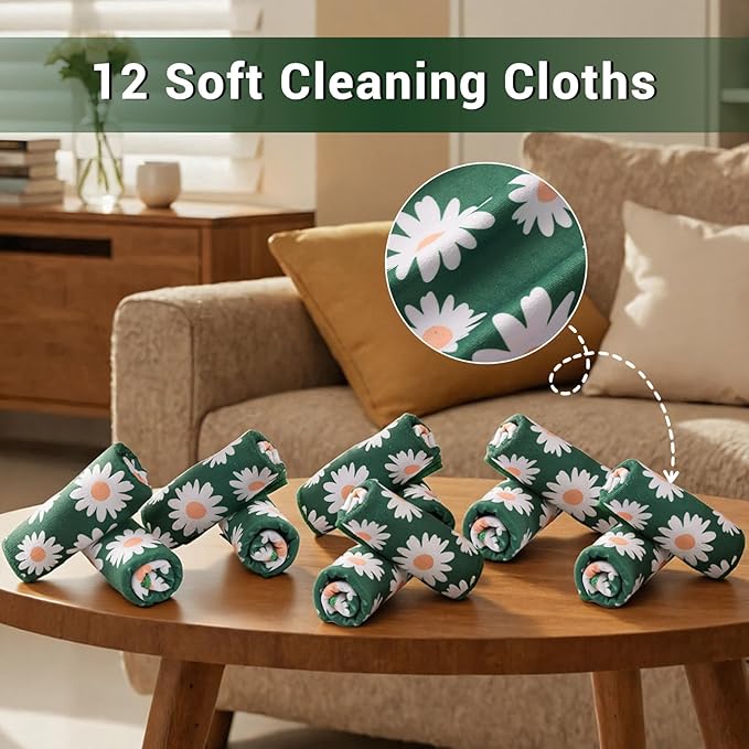 YUA Microfiber Cleaning Cloth 12 Pack,Microfiber Towels Cleaning,Microfiber Towels for Cars,Absorbent Dish Washing Cloth,Reusable Cleaning Cloths Lint Free (Daisy Flower)