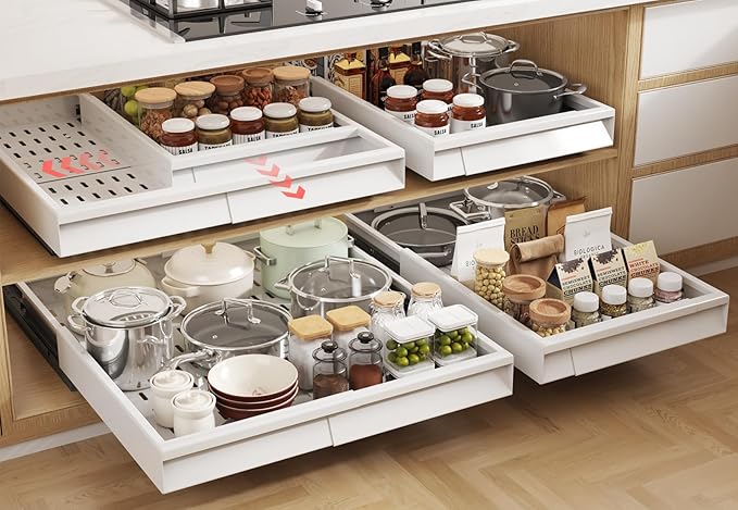 Seinloes 4 Pack Pull Out Cabinet Organizer With Raising Pad for Framed Cabinets,Expandable Width (13"-21") and Depth (17"-24"),3 Slide Rails Slide Out Drawers with Handle,No-Drill Roll Out Shelf,White