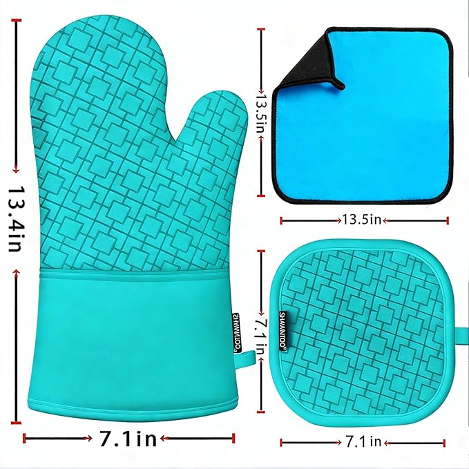 Oven Mitts and Pot Holders Sets 6pcs, Kitchen Oven Glove,High Heat Resistant 550 Degree Extra Long Oven Mitts and Potholders with Non-Slip Silicone Surface for Home Essentials (Grey) (Ice Blue)