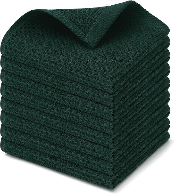 Kitinjoy 100% Cotton Kitchen Dish Cloths (12 X 12 Inches, Blackish Green), 8 Pack Waffle Weave Ultra Soft Absorbent Dish Towels for Drying Dishes Quick Drying Kitchen Towels Dish Rags
