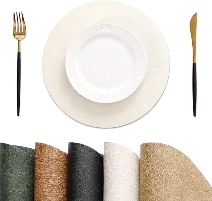 MOSAYT 13 Inch Round Vinyl Placemats Set of 8 - Faux Leather 100% Waterproof Oil-Proof Wipeable PU Place Mats, Heat Resistant Reversible Table Mats for Kitchen, Dining, Outdoor (Beige)