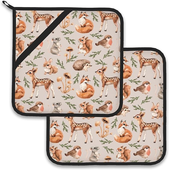 Mushroom Squirrel Deer Hedgehog Pot Holder Set of 2,Heat Resistant Potholders Oven Hot Pads for Kitchen Cooking Baking BBQ