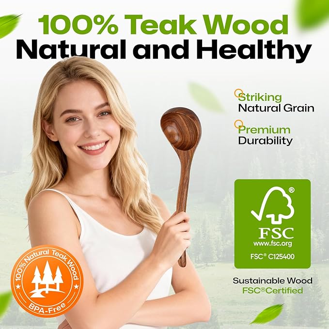 AIUHI 12.6″ Larger Wooden Ladle for Cooking, Long Handle Soup Spoon, Durable & Non-stick Teak Wood Ladle Spoon