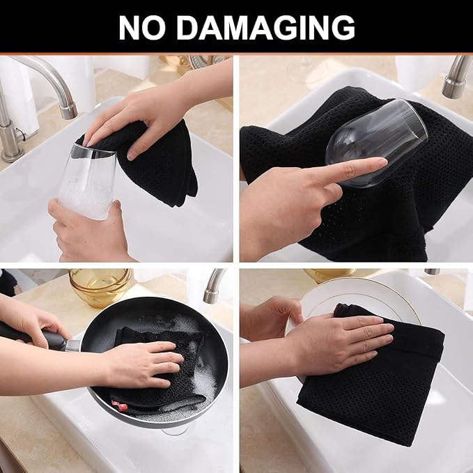 Homaxy Kitchen Towels and Dishcloths Set, 12 x 12 and 13 x 28 Inches, Set of 8 100% Cotton Waffle Weave Kitchen Towels, Super Soft and Absorbent Dish Cloths, Black