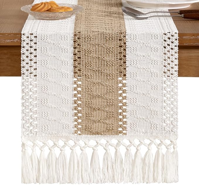 Socomi Boho Table Runner Easter Spring Farmhouse Rustic Dining Kitchen Centerpiece Decor Small Macrame Woven Cotton Linen Coffee Table Runner for Dresser Scarf Home Decor 12x72 inch