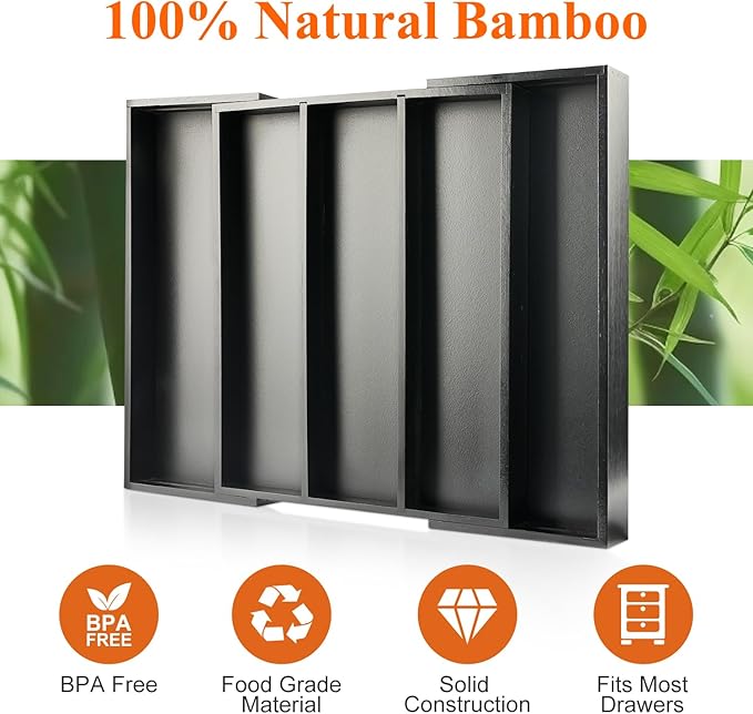 Expandable Large Kitchen Utensil Drawer Organizer Storage Black Bamboo Silverware Organizers Tray Divider Adjustable Spoon Flatware Organizer Wood Cutlery Tray Cooking Utensils Tool Holder Drawer