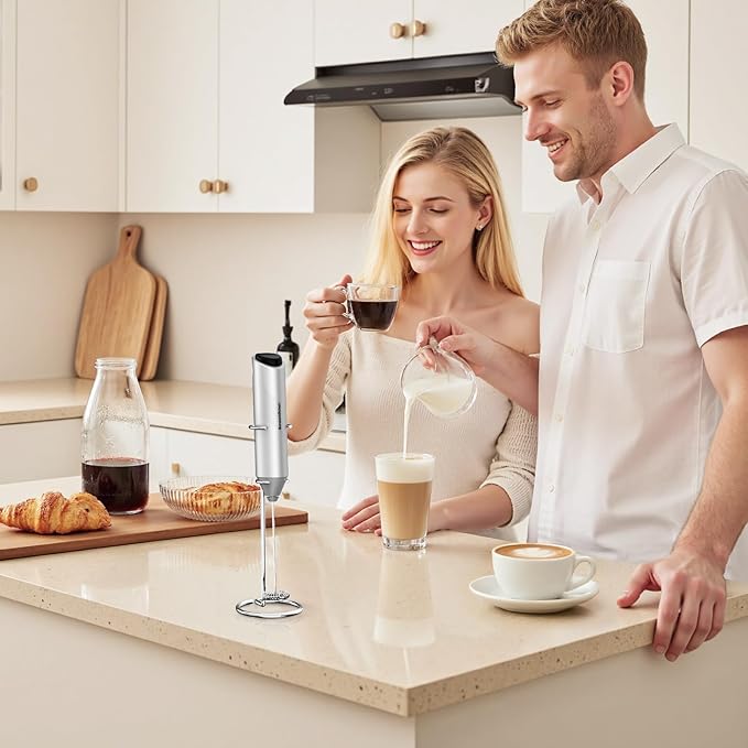 Bonsenkitchen Powerful Milk Frother with Stand for Coffee, Fast Handheld Drink Mixer with Stainless Steel Whisk, Battery Operated Hand Frother Stirrer Wand-Silver