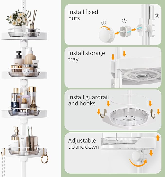 akinbas Shower Caddy Tension Pole with 4 L-Lazy Susan Organizer 360 Rotating 35-128 Inch No Drilling Floor Standing Shelves Adjustable Shower Rack for Bathroom Corner (White)