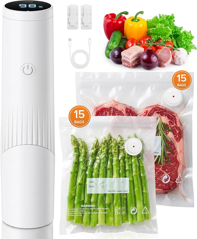 1800mAh Compact Vacuum Sealer for Food, 80kPa Powerful Handheld Vacuum Sealer Machine with 30 Reusable Bags, LCD-Display, Visible Water Tank, Portable Cordless Food Sealer for Meal Prep