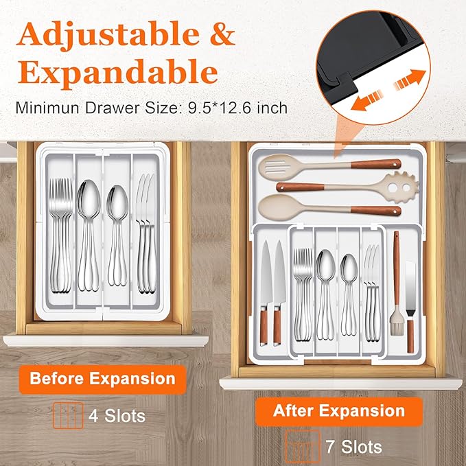 Spaclear Silverware Organizer - Expandable Kitchen Drawer Organizer, BPA-Free Food-Safe Utensil Drawer Organizer with 7 Compartments, Deep Cutlery Tray for Forks, Knives, White