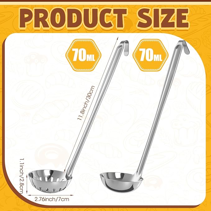 Stainless Steel Soup Ladle Serving Ladle Scoop and Slotted Spoon Set of 2 with Hook for Hanging, Cooking Utensils Set for Kitchen(2 oz)