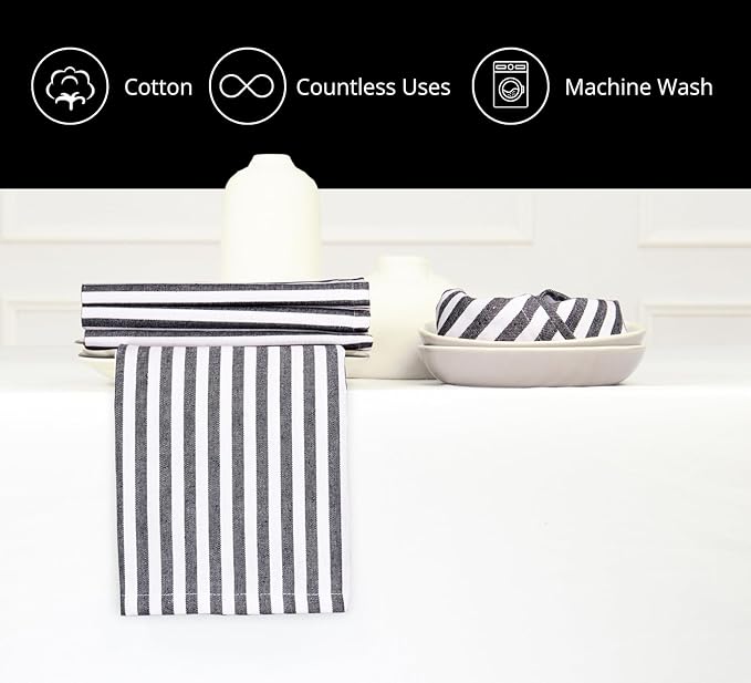 PurpleEssences Plain Striped Cloth Napkins - Set of 12-100% Cotton - 18 x 18 Inch - Spring Easter Summer and Perfect Everyday Use Dinner Napkin - Black and White