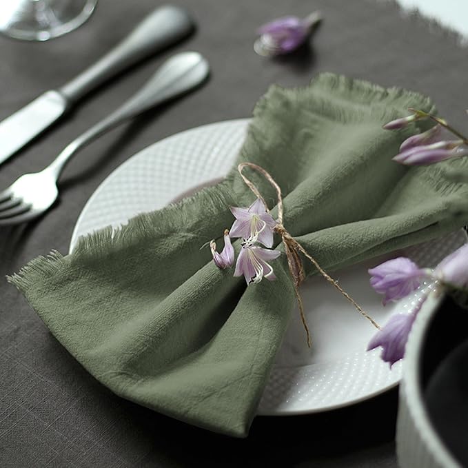 Handmade Cloth Napkins 100% Cotton Napkins with Fringe，Delicate Handmade Cloth Napkins for Dinners, Parties, Weddings and More，18 x 18 Inch Set of 6 - Sage Green