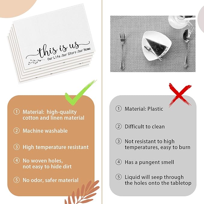 Farmhouse Placemats Set of 6 Linen Placemats 18x12'' Rustic Table Mats with Sayings Housewarming Gifts Country Tablemats Washable Cloth Place Mats for Farmhouse Table Setting(White)