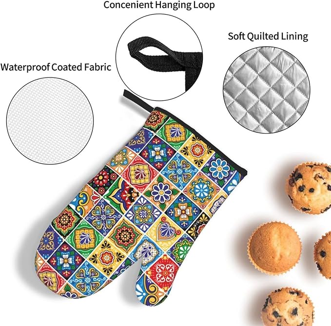 Mexican Talavera Tile Oven Mitts and Pot Holders Sets of 3, Heat Resistant Non-Slip Polyester Colorful Talavera Kitchen Gloves Gifts for Cooking Lovers, Vibrant Kitchen Decor for Baking BBQ Cooking
