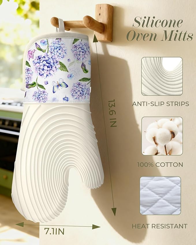 Slohif Long Silicone Oven Mitts Heat Resistant for Women - 2 Pcs Blue Flower 100% Cotton Oven Gloves, Non-Slip and Waterproof Silicone Oven Mitts with Hanger for Baking and Cooking