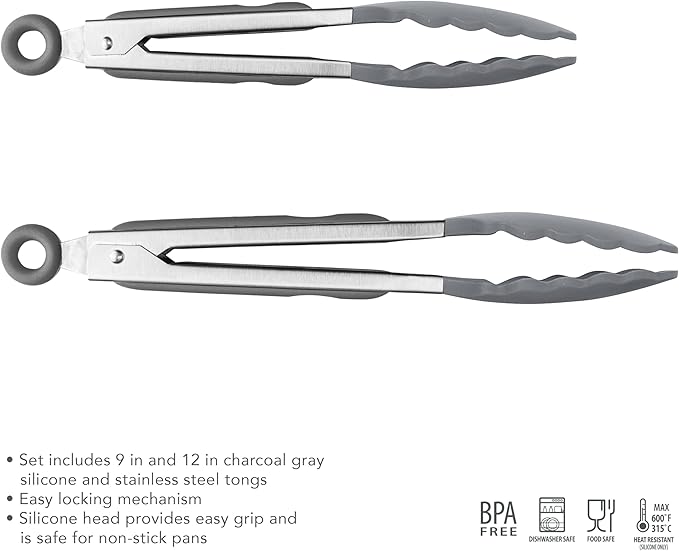 Tovolo Stainless Steel Tongs with Silicone Tip Set 9" 12" with Easy Lock Mechanism for Grilling Air Fryer Cooking Serving Salad, Heat Resistant Silicone Tipped Kitchen Tongs Charcoal Gray