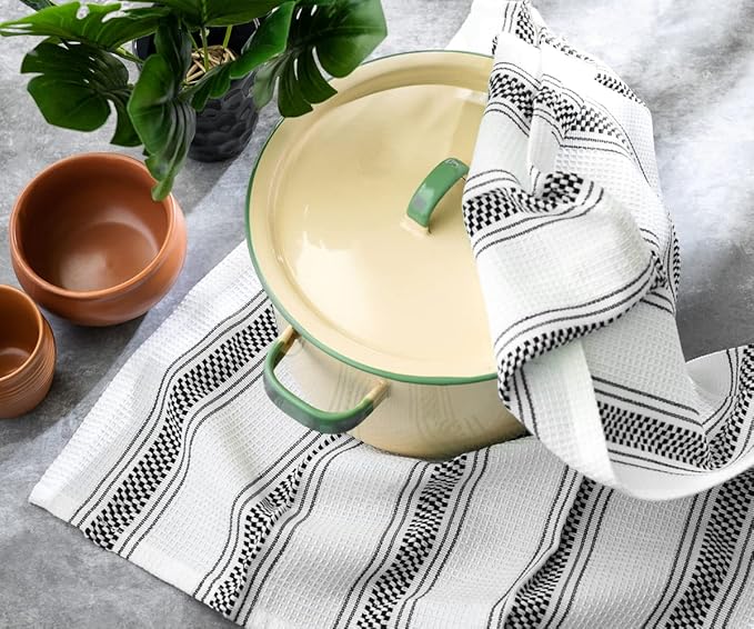 Black Kitchen Towels Set of 6, 100% Cotton Dish Towels, Striped Hand Towel, French Dish Cloths for Washing Dishes, Farmhouse Tea Towels, Absorbent Dish Towel with Hanging Loop, 18 x 28 [Black/White]