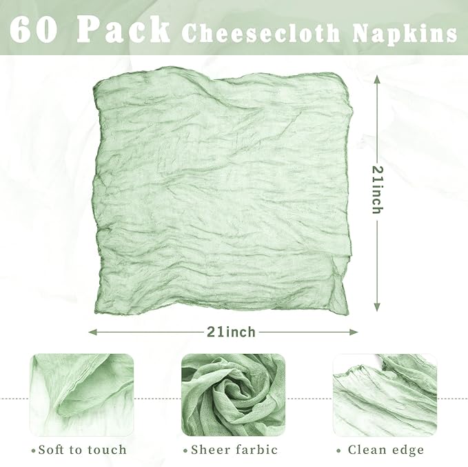 60 Pack Sage Green Cheesecloth Napkins Washable 21x21 Inches Sage Green Cloth Napkins Set of 60 Dinner Table Napkins for Wedding Bridal Baby Shower Rustic Boho Cotton Gauze Summer Party Table Decor