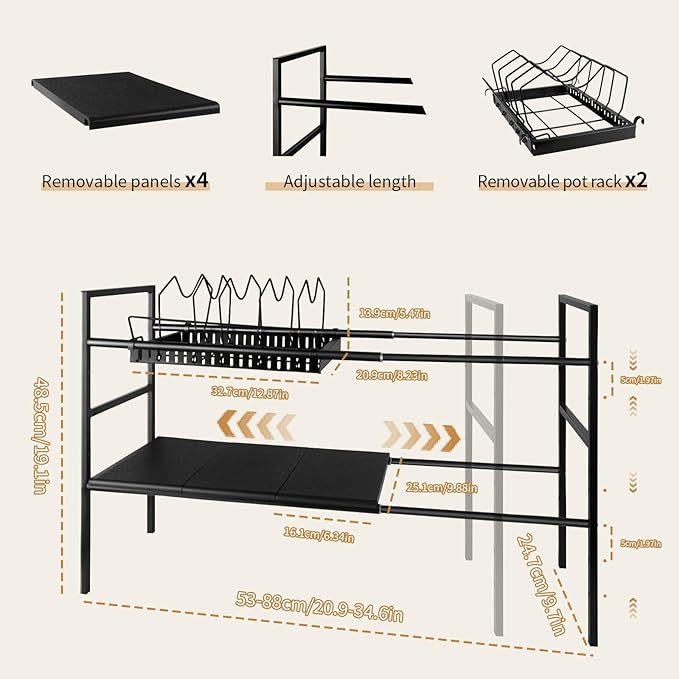 Pots and Pans Organizer Under Cabinet, Expandable Length, Adjustable Height Under Sink Shelf 2 Tier with 10 Dividers Under Cabinet Shelf, Pot and Pan Lid Holder Rack (Black)