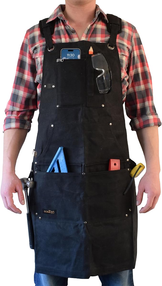ecoZen Waxed Canvas Welding Apron with Kevlar Thread - Heat and Chemical Resistant, Fully Adjustable to Comfortably Fit Men and Women, 27 x 34 inches, Heavy Duty Tool Apron - Black, Size S to XXL