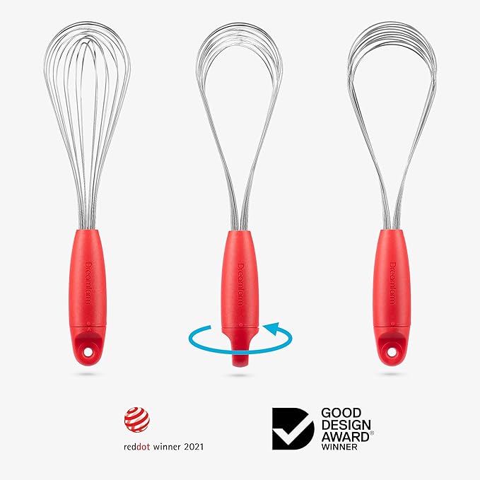 Dreamfarm Flisk 3-in-1 Fold-Flat, Space-Saving Baking, Cooking, Sauce & Deglazing Stainless Steel Balloon Whisk - 12" Red"