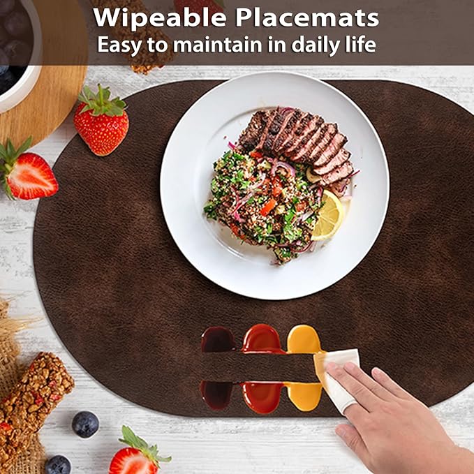 ADRIMER Placemats, Heat Resistant Oval Placemats Set of 12 Washable 12 x 17 Inch, Waterproof Table Mats, Wipeable Pu Place Mats for Kitchen, Dining Room, Coffee