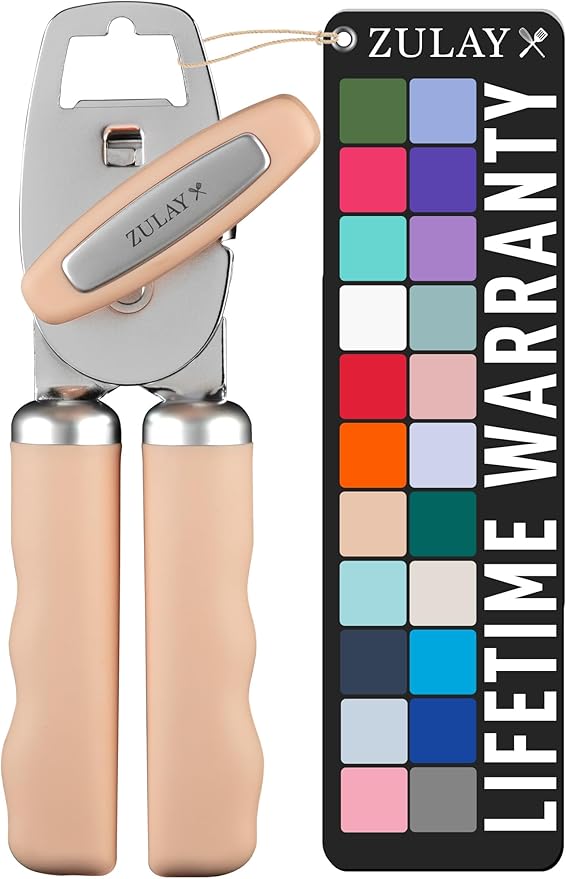Zulay Kitchen Heavy Duty Stainless Steel Can Opener Manual with Bottle Opener - Rust Proof Manual Can Opener With Turn Knob & Comfy Soft Grip Handles - Peach
