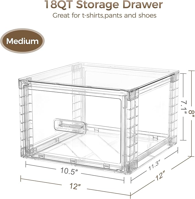 Vtopmart 4 Pack 18QT Clear Stackable Storage Drawers,Easily Assemble Closet Organizers,Plastic Storage Bins for Bathroom,Cabinet,Kitchen Pantry,Under Sink Organization(Medium)