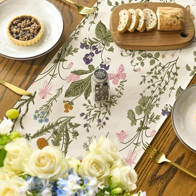 Artoid Mode Wildflowers Floral Spring Table Runner, Butterfly Seasonal Summer Kitchen Dining Table Decoration for Home Party Decor 13x90 Inch