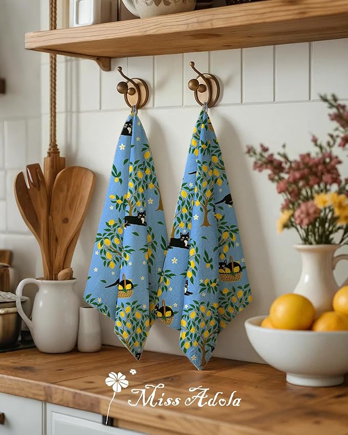 Miss Adola Flour Sack Kitchen Towels - Set of 2 Cotton Dish Towels with Hanging Loop Decorative 18x26 Inch Absorbent Cute Design for Housewarming Gifts, Lemon Cat