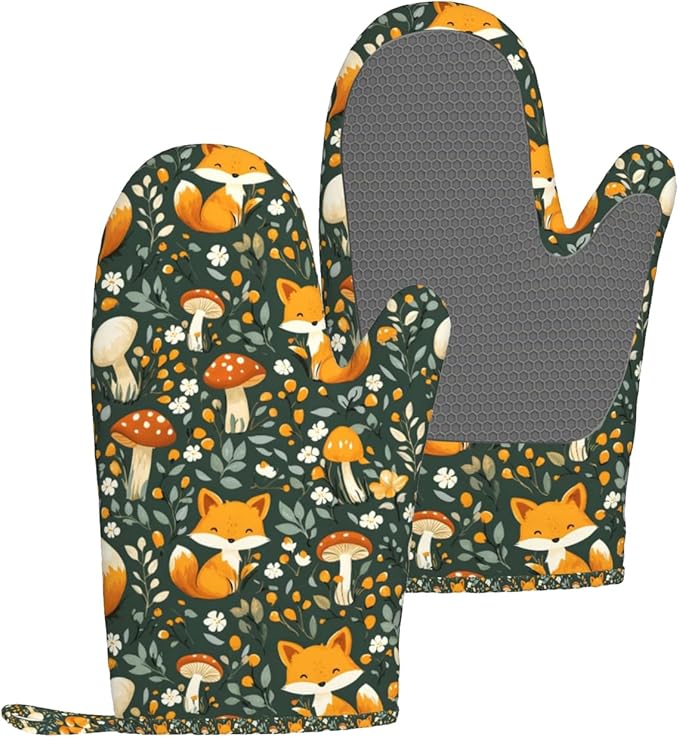Fox Silicone Oven Mitts Set of 2, Heat Resistant up to 500°F, Kitchen Oven Gloves with Non-Slip Grip and Soft Cotton Lining for Baking, Cooking and BBQ