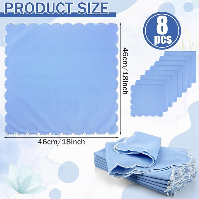 Mindsoft 8 Pcs Blue Wedding Cloth Napkins Scalloped Embroidered Dinner Napkins 100% Cotton Reusable Washable Decorative Table Napkin for Weddings Dinner Restaurant Party Decoration, 18 x 18 Inch