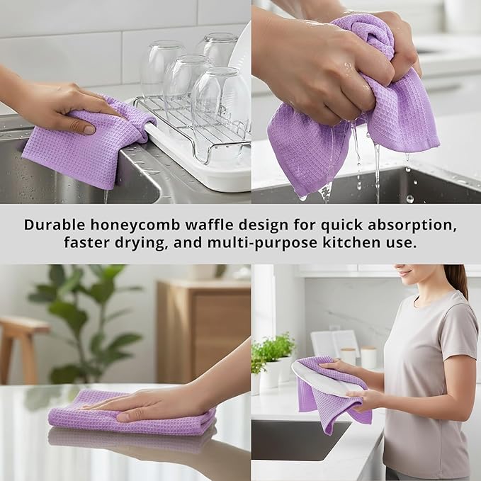PurpleEssences Waffle Weave Kitchen Towel, 100% Cotton - 15x25 Inches with Hanging Loop, Ultra Soft Absorbent Quick Drying Dish Cloth, Tea and Hand Towels, 6 Pack - Spring Easter Summer - Lavender
