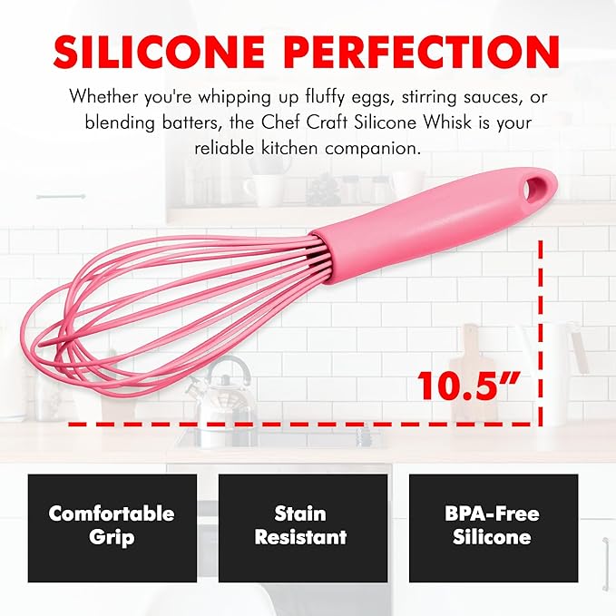 Chef Craft Premium Silicone Wire Cooking Whisk, 10.5 inch, Pink