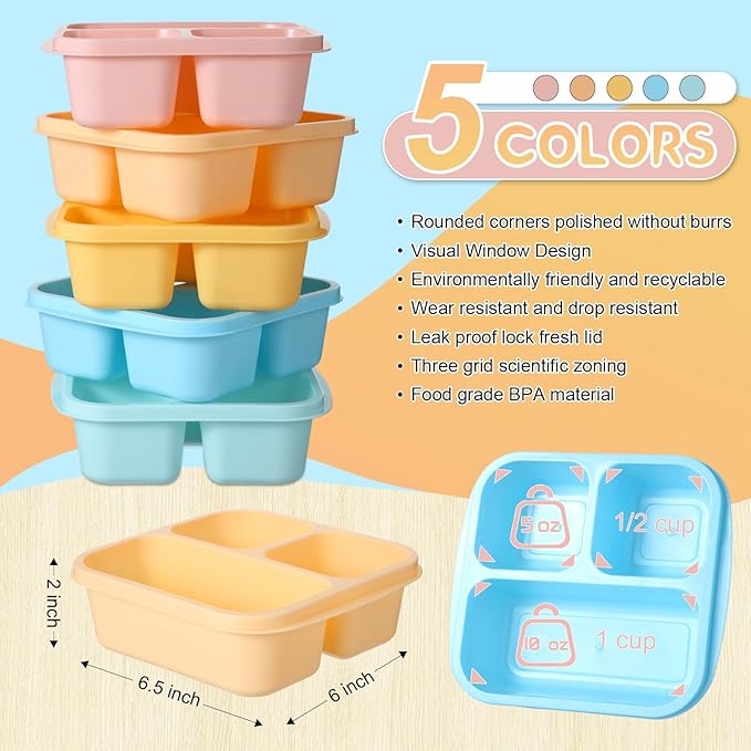 Honeydak 5 Pack Snack Containers 3 Compartment Bento Snack Boxes Divided Meal Prep Containers with Lids Reusable Adults Lunch Food Storage Box for School Work Travel(Vibrant Color)