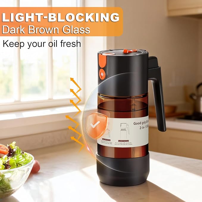 2-IN-1 Oil Sprayer for Cooking with 8 Stickers Light-Blocking Dark Glass Olive Oil Dispenser Bottle for Kitchen 500ml/16.9oz Oil Mister for Air Fryer, BBQ,Salad Even Spray with Portion Control-2PC