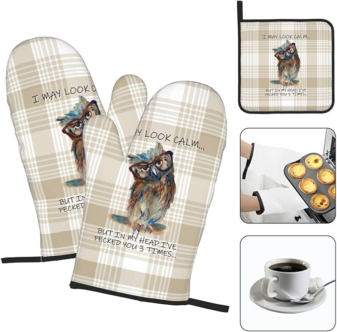 Funny Owl Oven Mitts and Pot Holders Sets of 3 Kitchen Hot Pads Cute Buffalo Plaid Oven Gloves Heat Resistant Washable for Cooking Grilling Baking Holiday Kitchen Decor