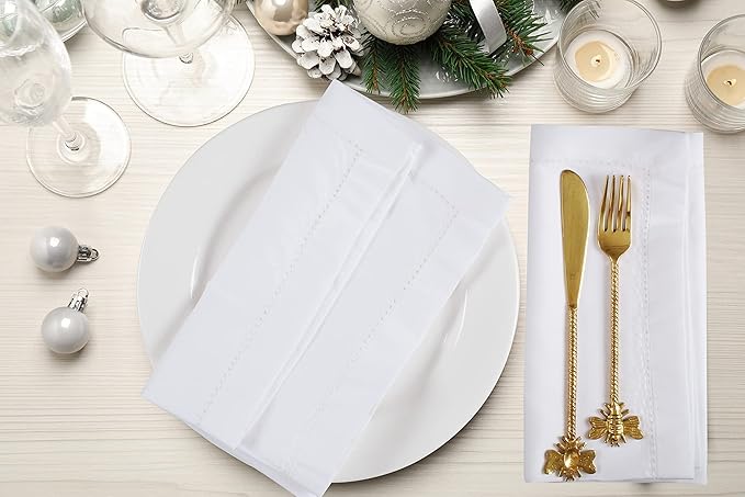 Ramanta Home 12 Pack Cloth Napkins 20x20 Inches, 100% Polyester Napkins with Hemmed Edges, Washable Reusable Dinner Napkins Ideal for Parties, Weddings, Dinner Table, Hotels and Banquets -White