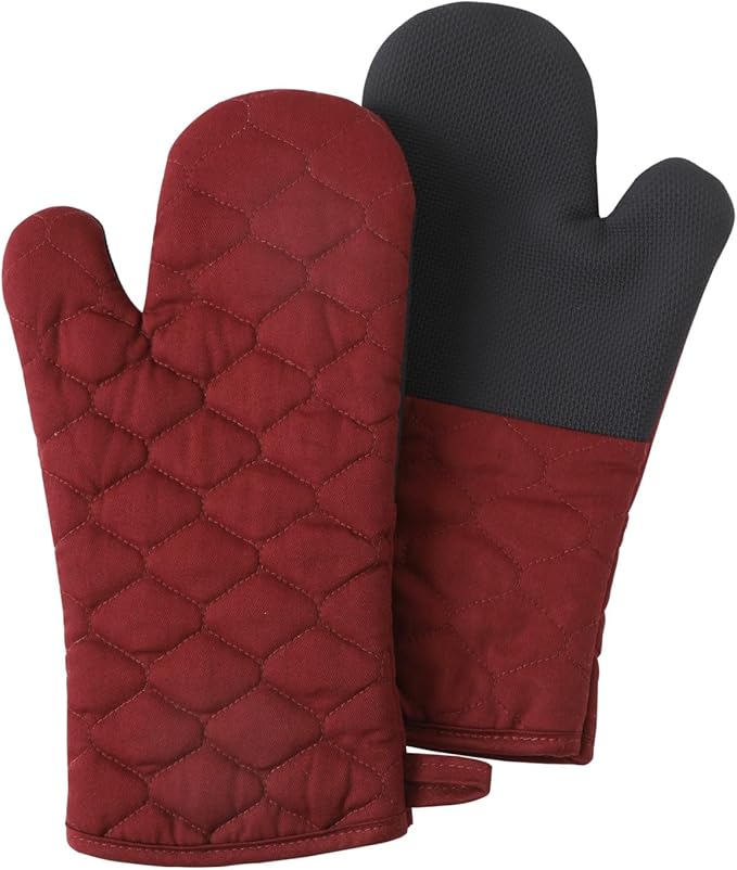 Glynniss Heat Resistant Oven Mitts, 2 Pcs of Silicone Oven Mits, Non-Slip Grip Surfaces Kitchen Gloves for Cooking, Machine Washable with Hanging Loops Oven Gloves (7x13 inches, Wine)