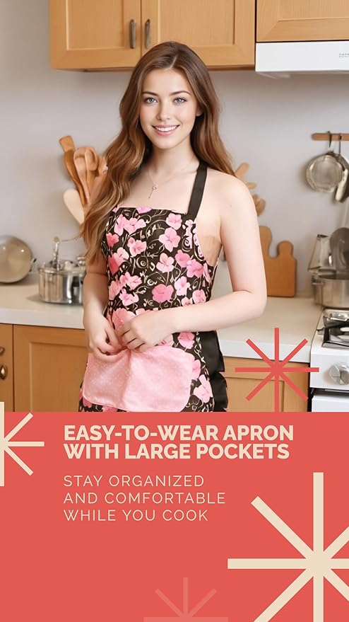 Lovely Flower Pattern Retro Aprons With Large Pockets for Women Girls Cooking Kitchen Bakery Mother's Gift