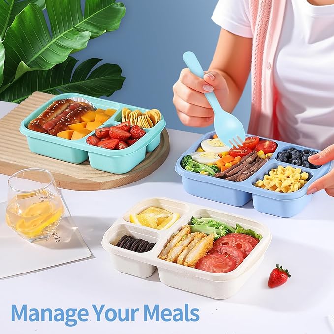 Bento Box Adult Lunch Box - 3 Pack,3-Compartment Leak-Proof Bento Boxes Ideal Portion Sizes for Kids , Reusable Food Storage Snack Containers,Microwave and Dishwasher Safe & Food-Safe Materials (blue)