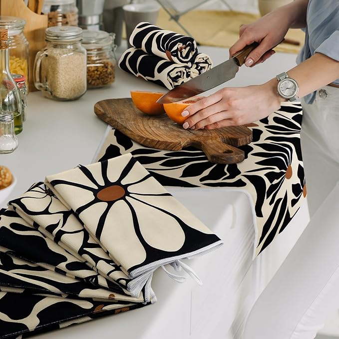 Breling Boho Kitchen Towels Set of 6 Boho Floral Dish Towels Cute Tea Towel Decorative Hand Towel Vintage Rustic Cloths for Kitchen Drying Housewarming Gifts Home, 14 x 21 inch (Black)